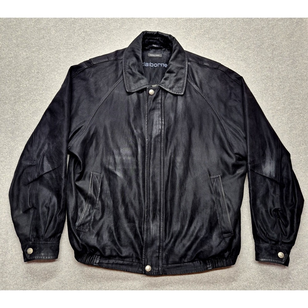 Claiborne Suede Leather Bomber Jacket Mens L Black Heavy Blouson Vintage